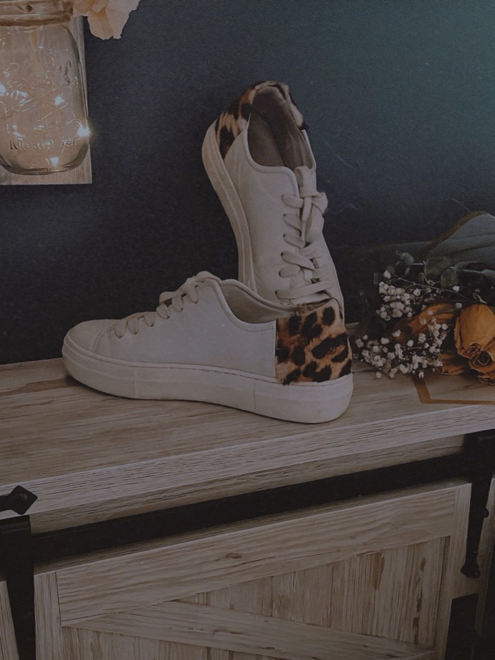 Able White Leather Sneakers with Leopard Heel Accent